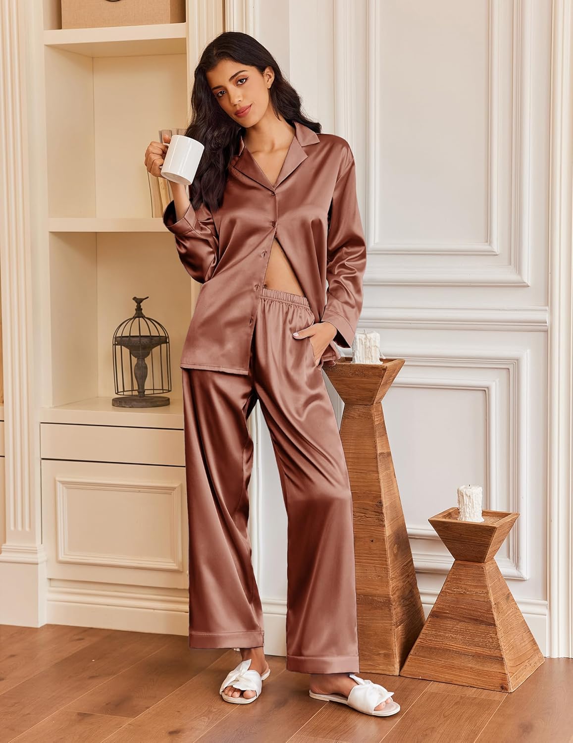 Silk satin pajama set in clay: button-down top with matching wide-leg pants