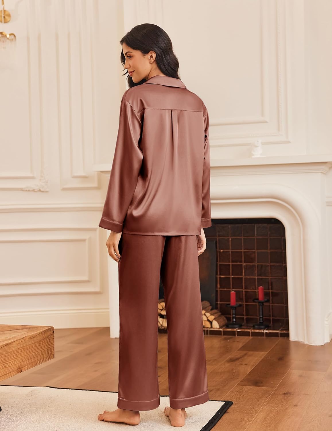 Champagne silk satin button-down pajama set with matching wide-leg pants, back view