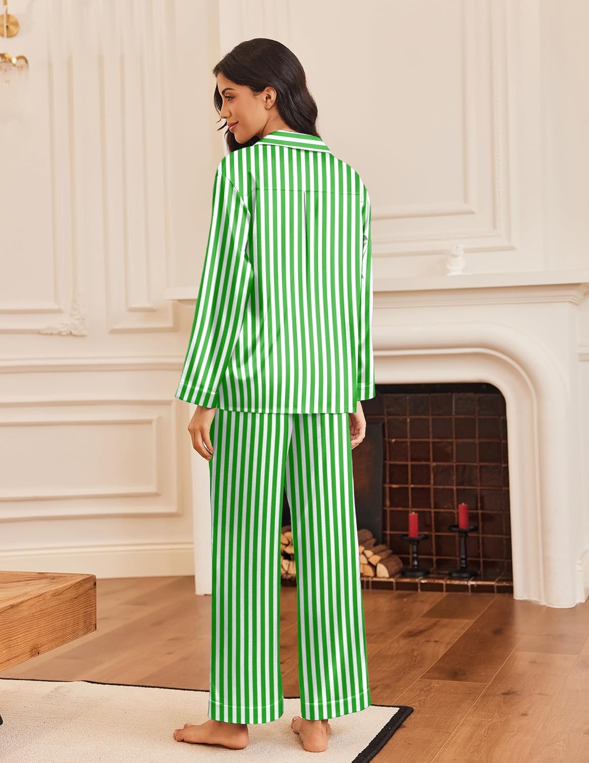 Green-and-white striped silk satin pajama set, back view with wide-leg pants