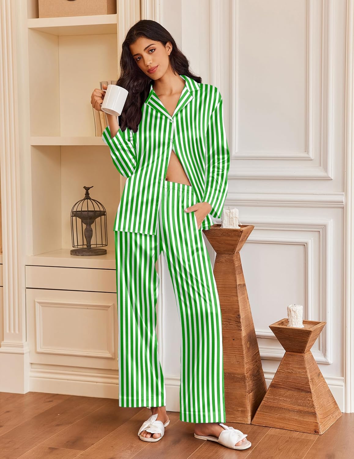 Green-and-white striped silk satin pajama set, button-down top with wide-leg pants