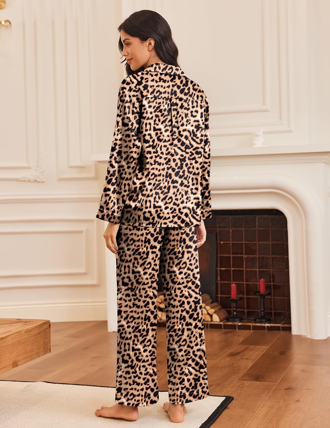 Silk satin button-down pajama set: leopard print top and pants, back view.