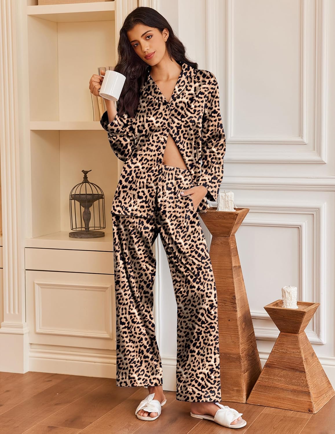 Silk satin button-down pajama set: leopard print top and wide-leg pants.