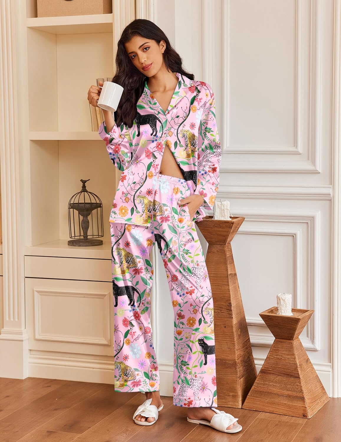 Silk satin button-down pajama set: pink animal print, long pants.