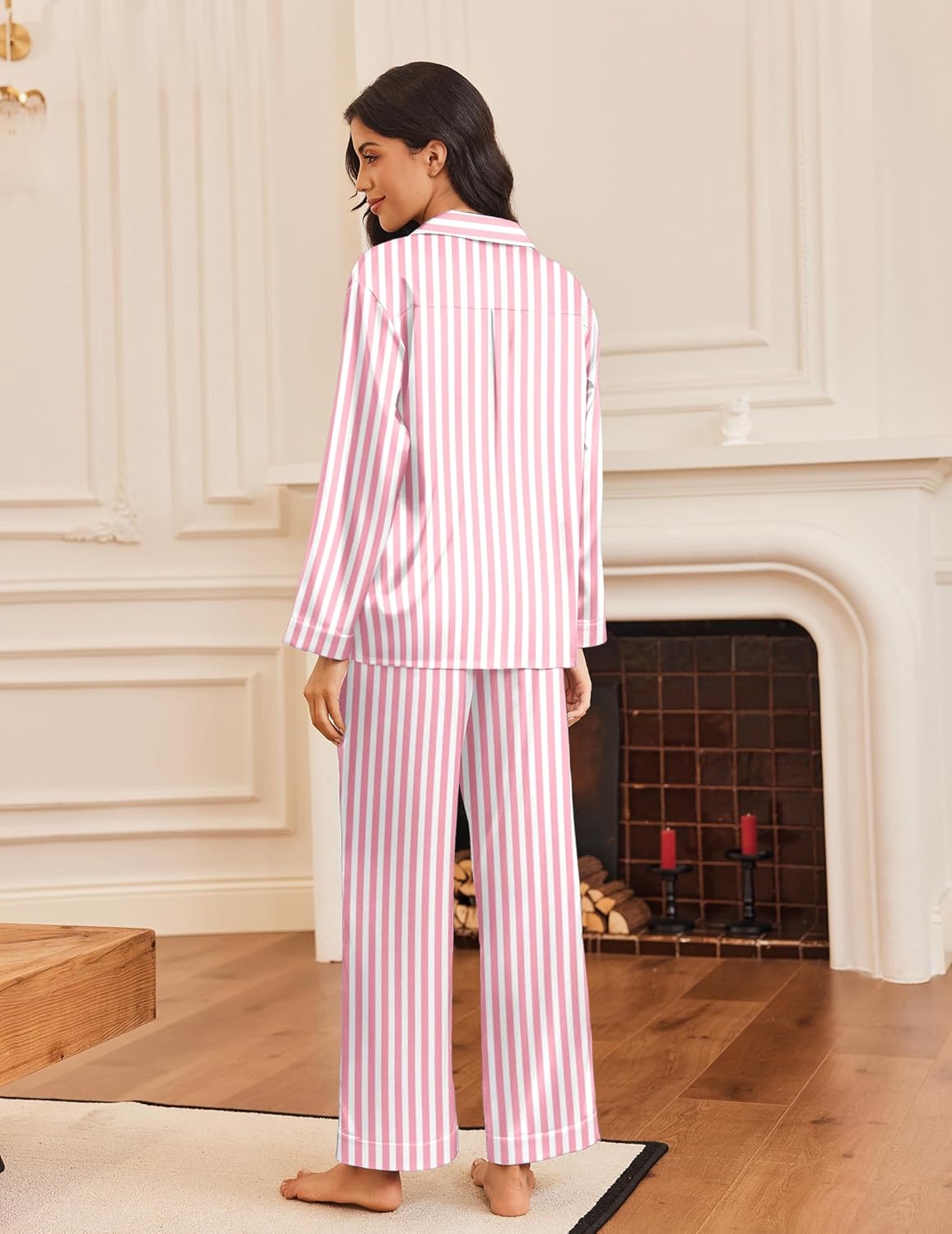 Pink-and-white striped silk satin pajama set, back view with wide-leg pants
