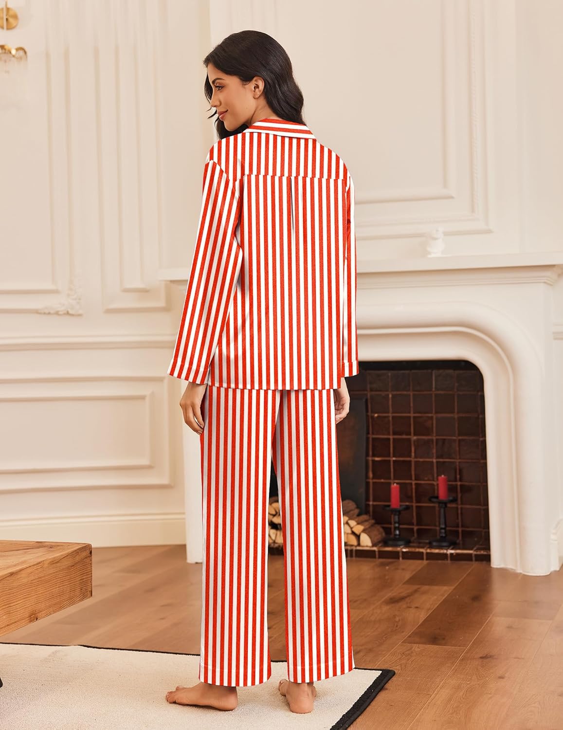 Silk satin pajama set with pink-and-white stripes, back view: shirt and wide-leg pants