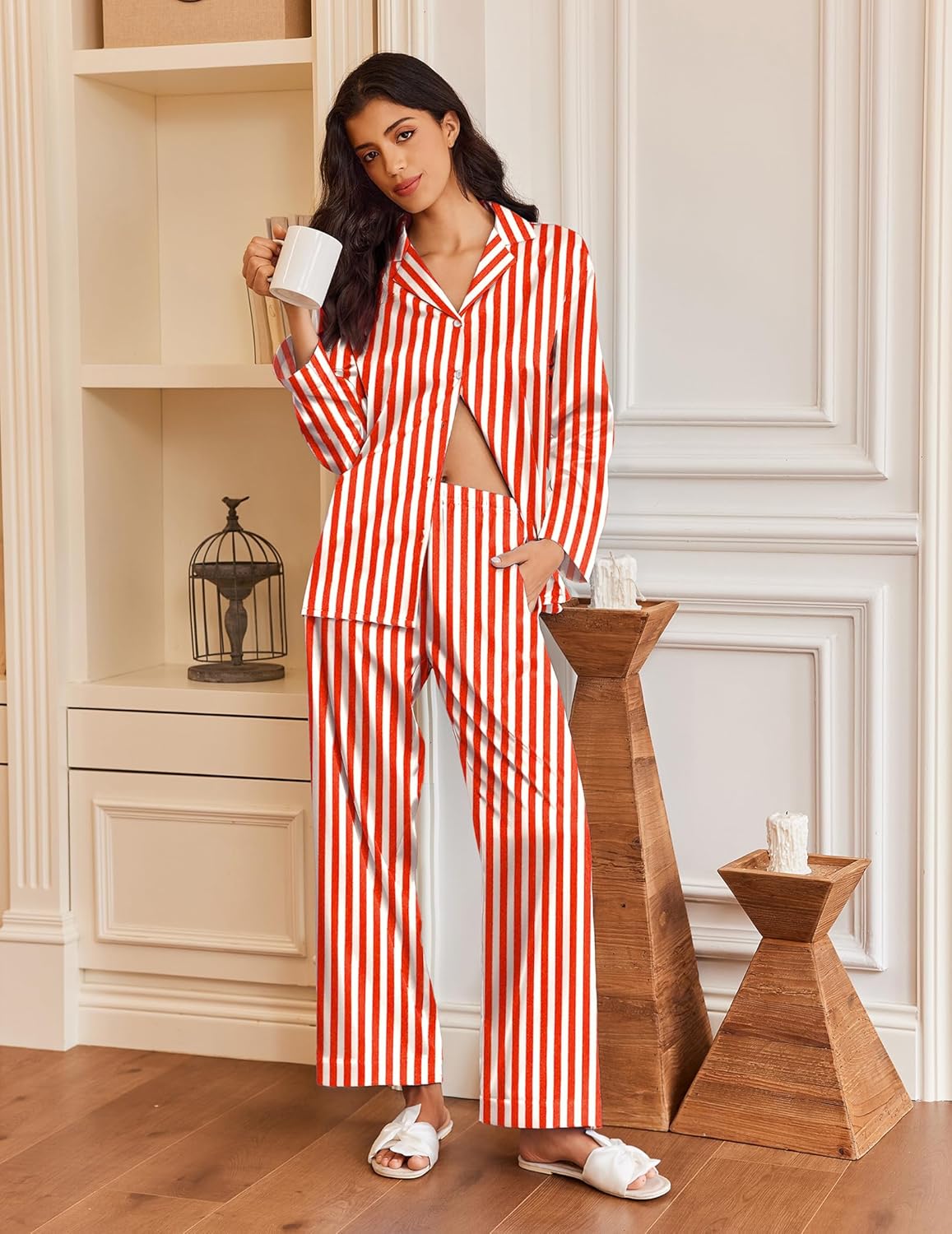 Silk satin pajama set with pink-and-white stripes: button-down top and wide-leg pants