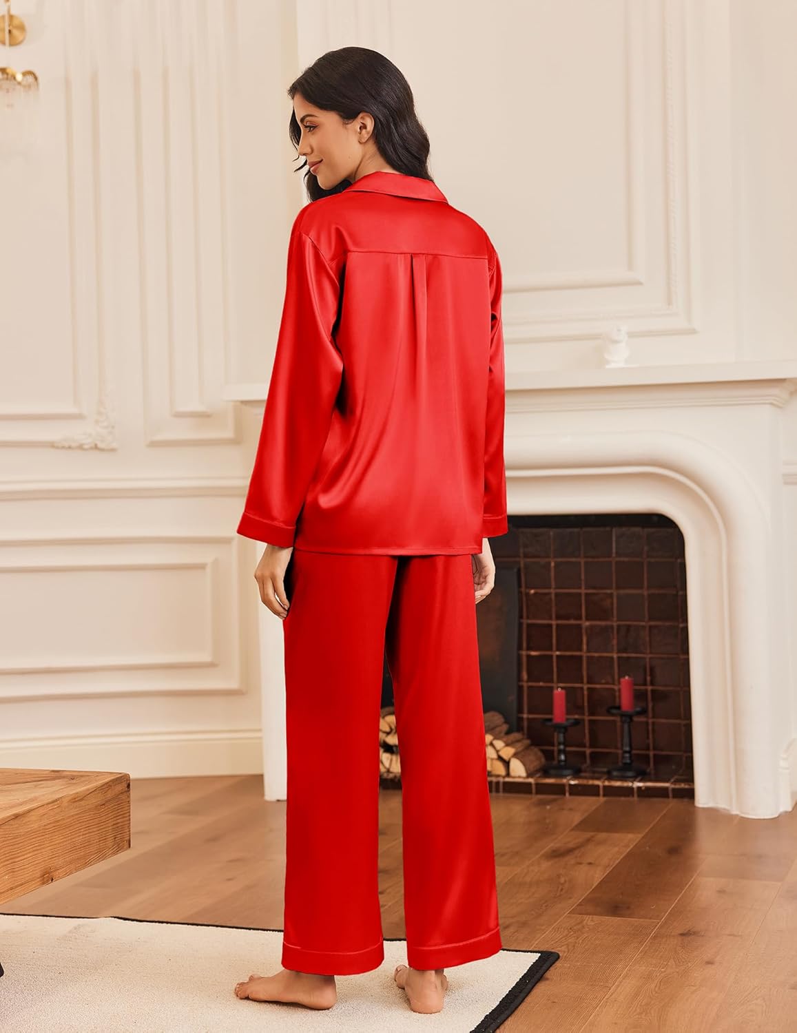 Silk satin pajama set in red, back view: button-up shirt and wide-leg pants