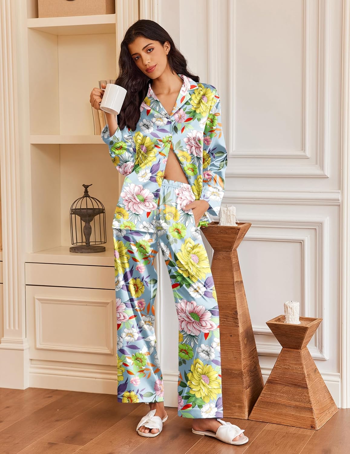 Silk satin button-down pajama set: light blue floral print, long pants.