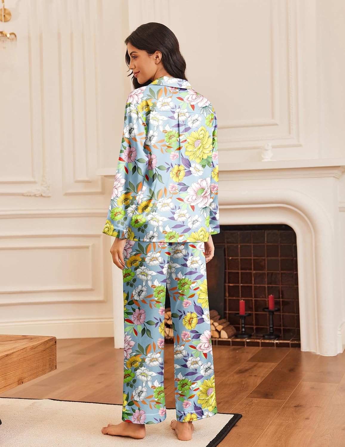 Silk satin button-down pajama set: blue floral print, long wide-leg pants.