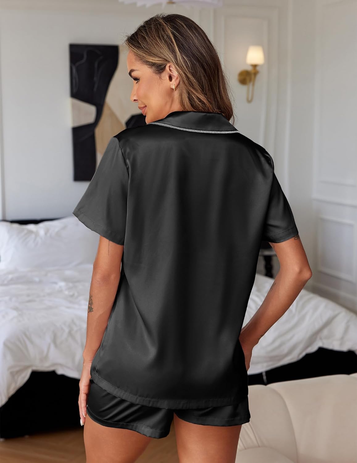 Silk satin pajama set, black short-sleeve top and shorts, back view