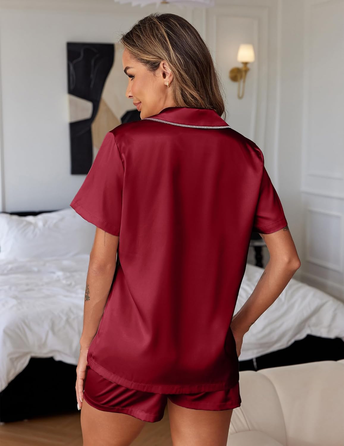 Wine-red satin pajama set: short-sleeve top and matching shorts, back view