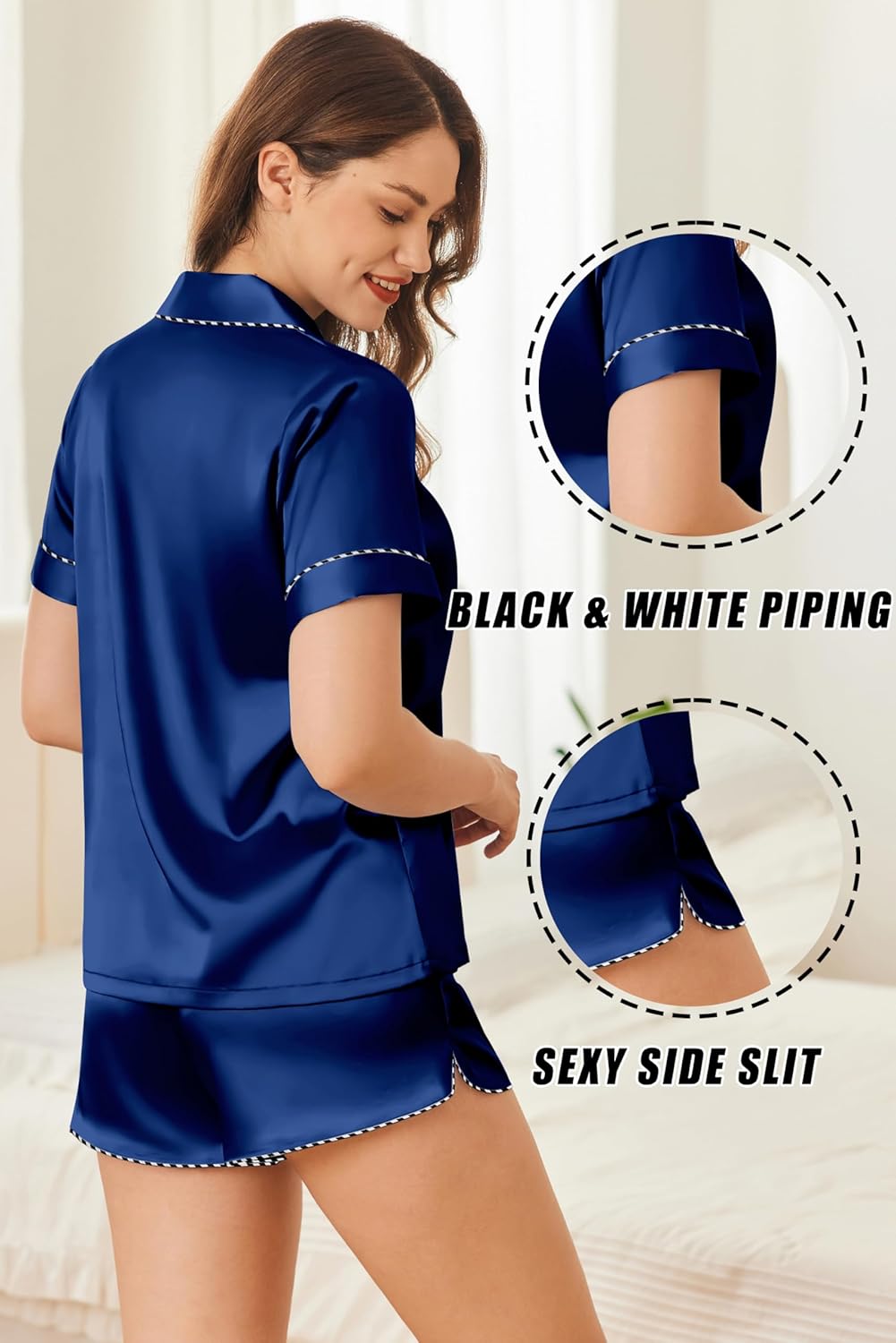 Navy silk pajama set with black-and-white piped trim and side-slit shorts