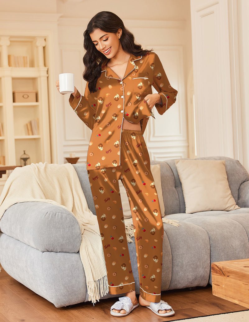 Brown silk satin pajama set with teddy bear print, button-up top and matching pants