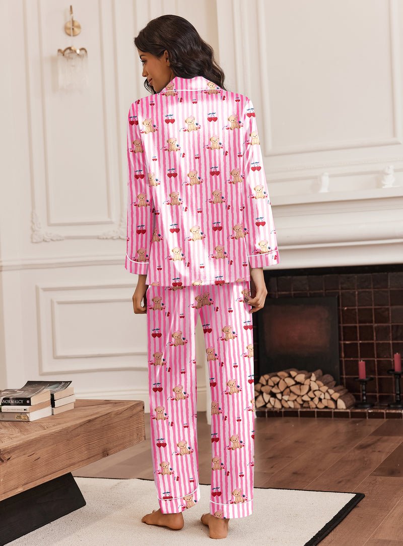 Silk satin pajama set in pink-and-purple striped teddy print, long pants matching top