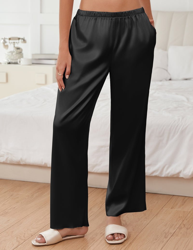 Black silk satin wide-leg pajama pants with elastic waistband