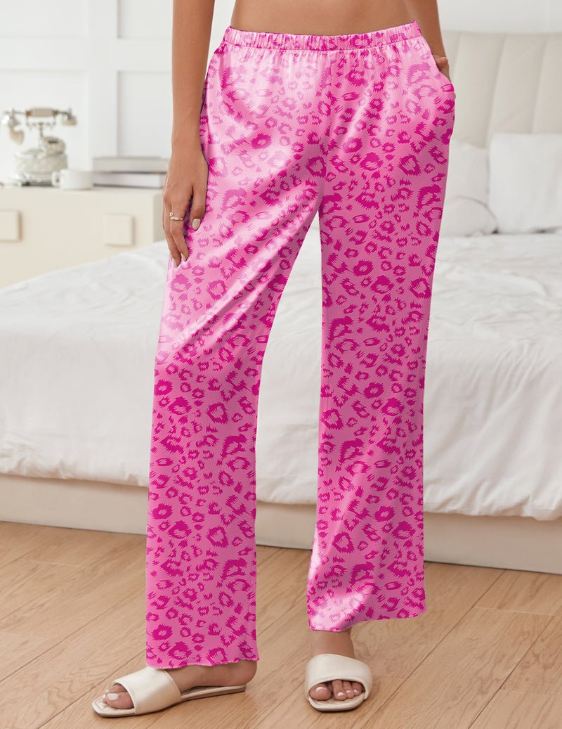 Leopard hot pink silk satin wide-leg pajama pants with elastic waistband