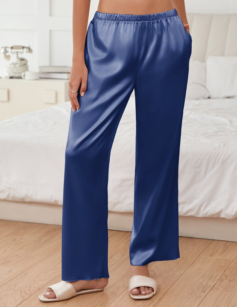 Navy blue silk satin wide-leg pajama pants with elastic waistband