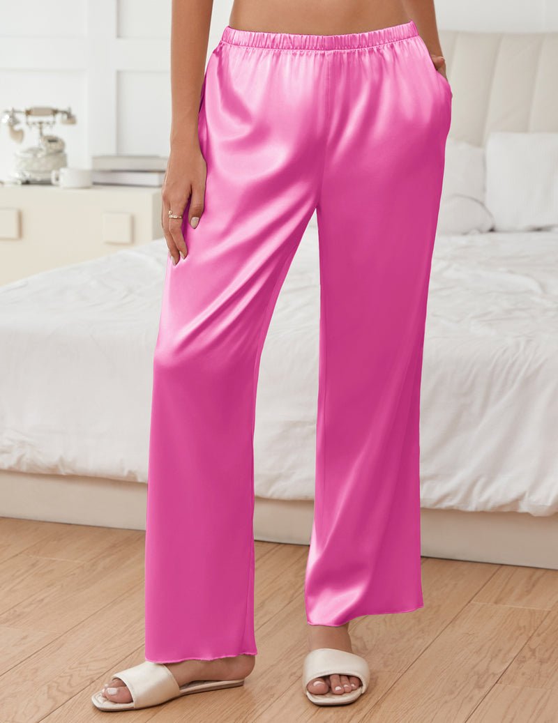 Rose pink silk satin wide-leg pajama pants with elastic waistband