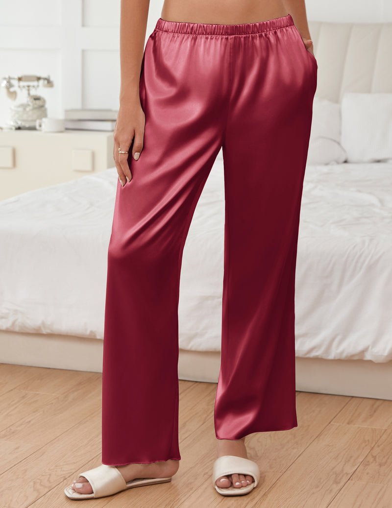 Wine red silk satin wide-leg pajama pants with elastic waistband