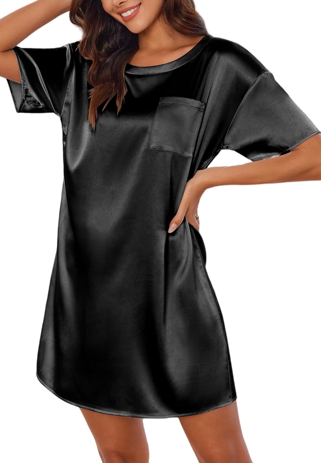 Silk satin nightshirt, short sleeves, crew neck, chest pocket, black mini sleepwear