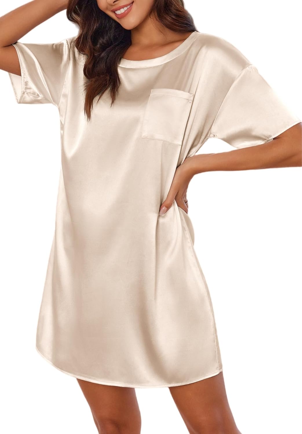 Silk satin nightdress in champagne/cream, short sleeves, round neck, front pocket