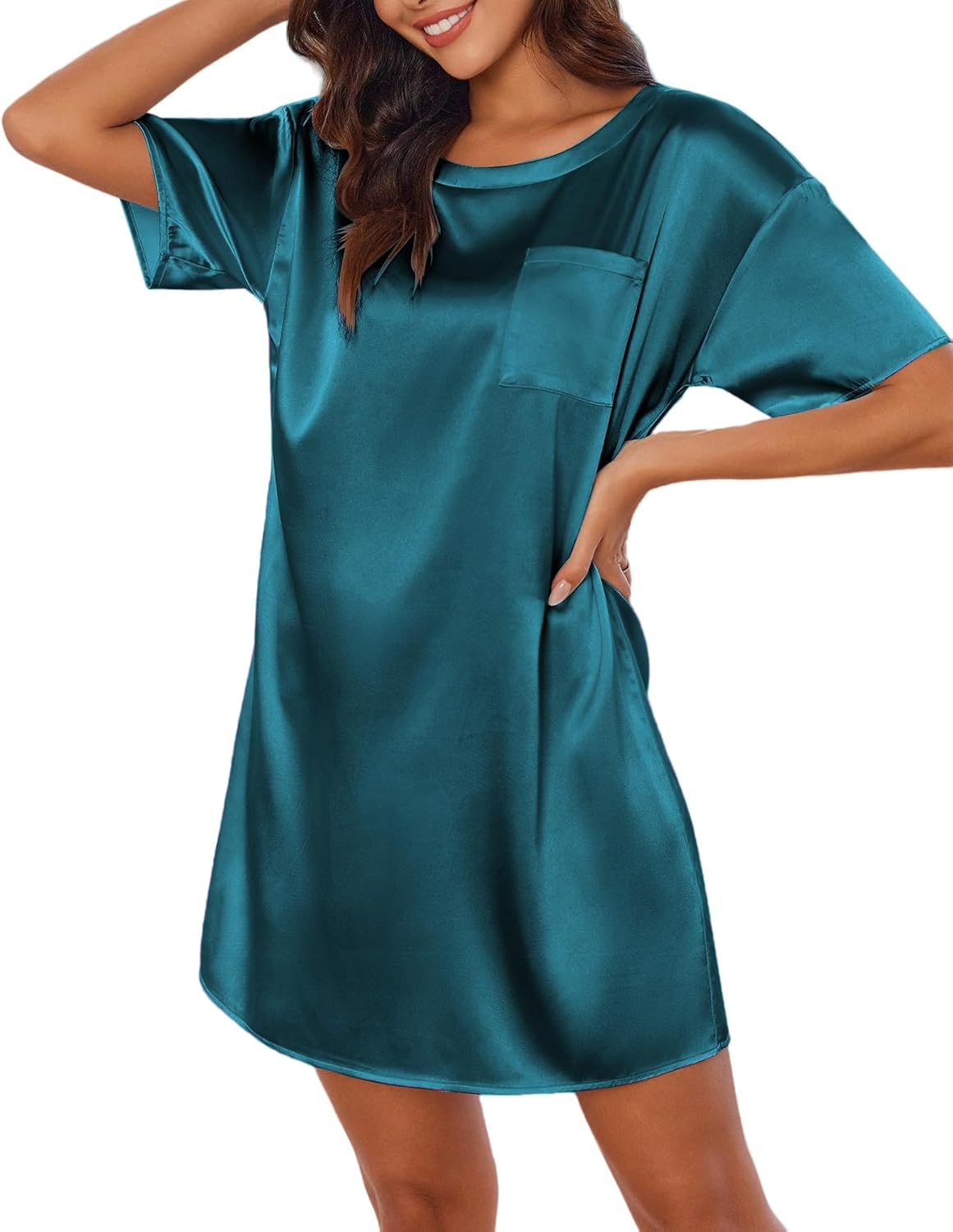 Silk satin nightdress, teal/green, short sleeve with chest pocket, relaxed fit