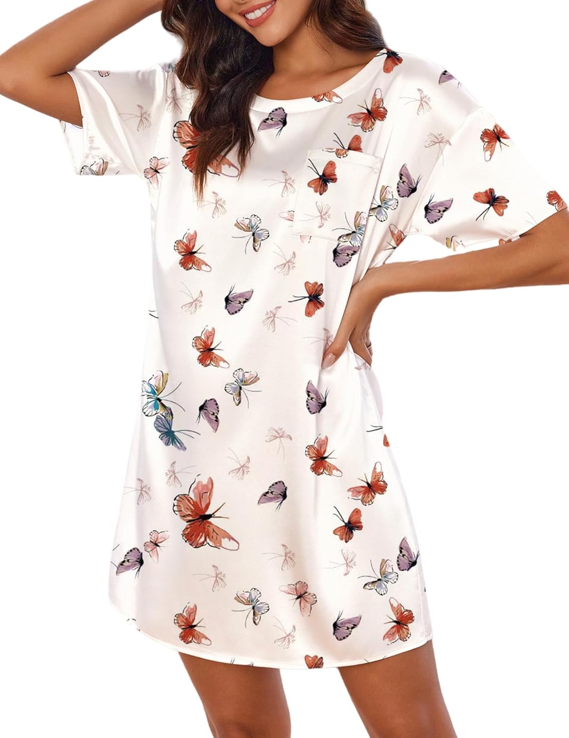 Butterfly print satin nightshirt in white, short sleeves, round neckline