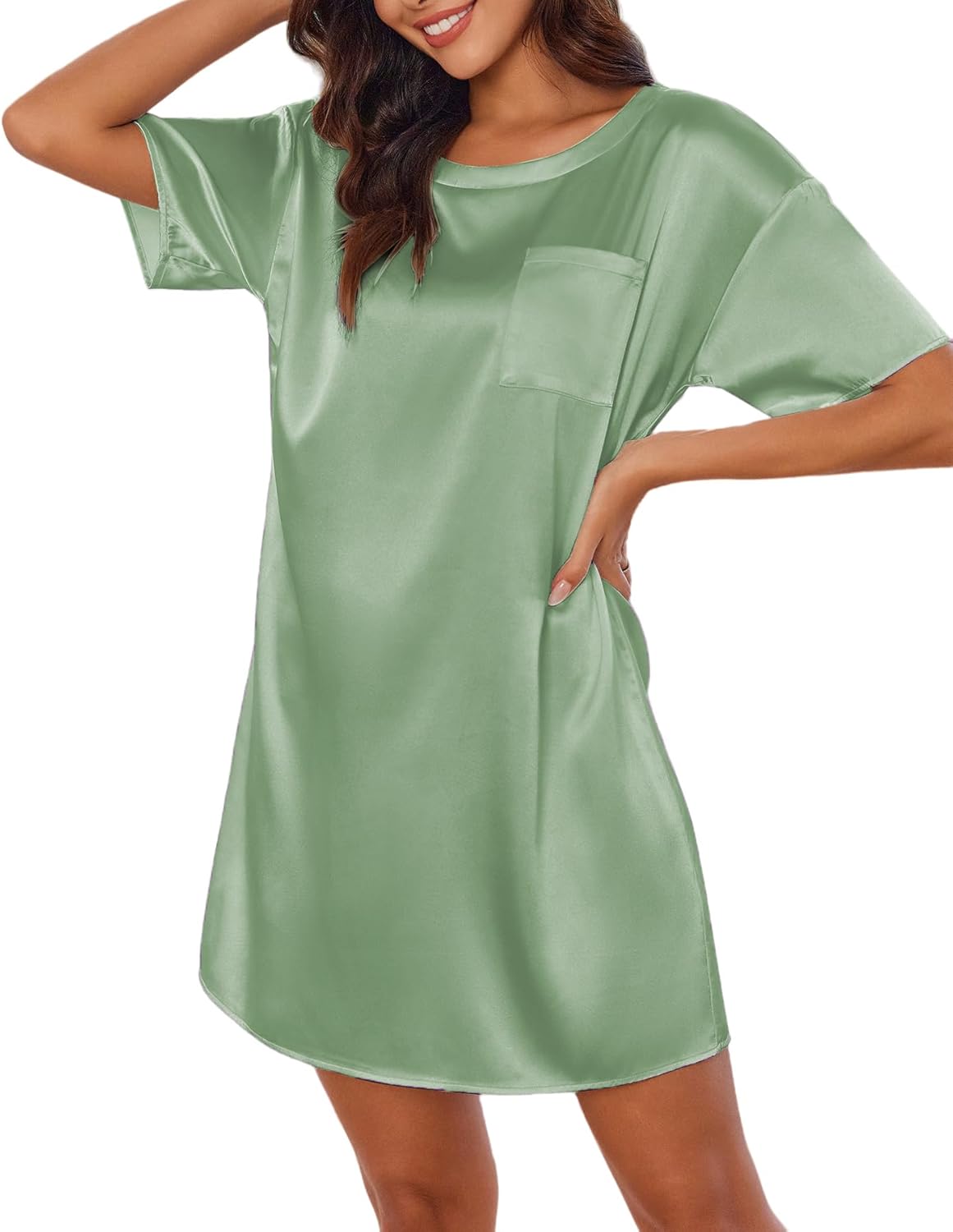 Silk satin nightshirt in light green, short sleeves, chest pocket, above-knee straight hem
