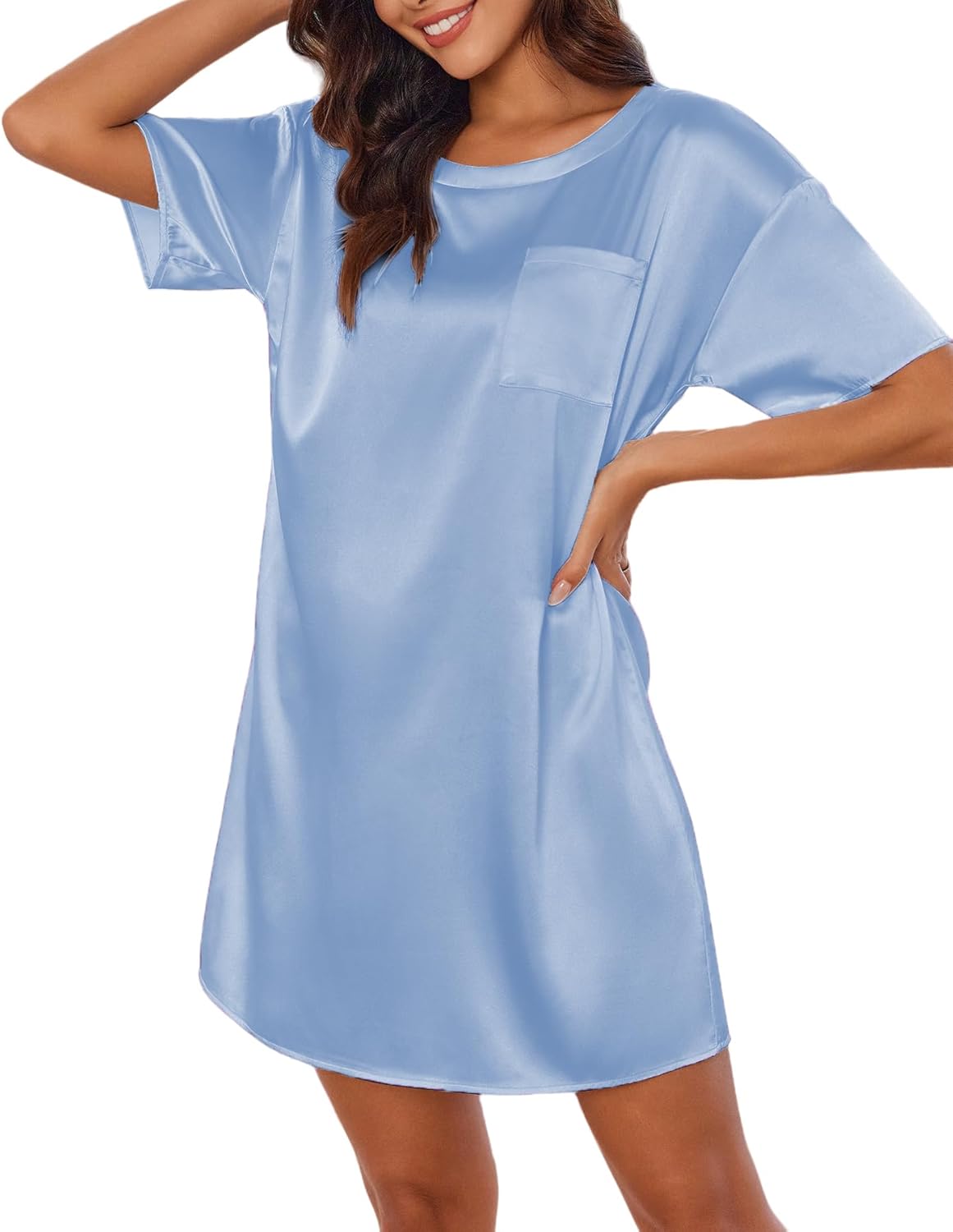 Silk satin nightgown, light blue, crew neck, short sleeves, chest pocket