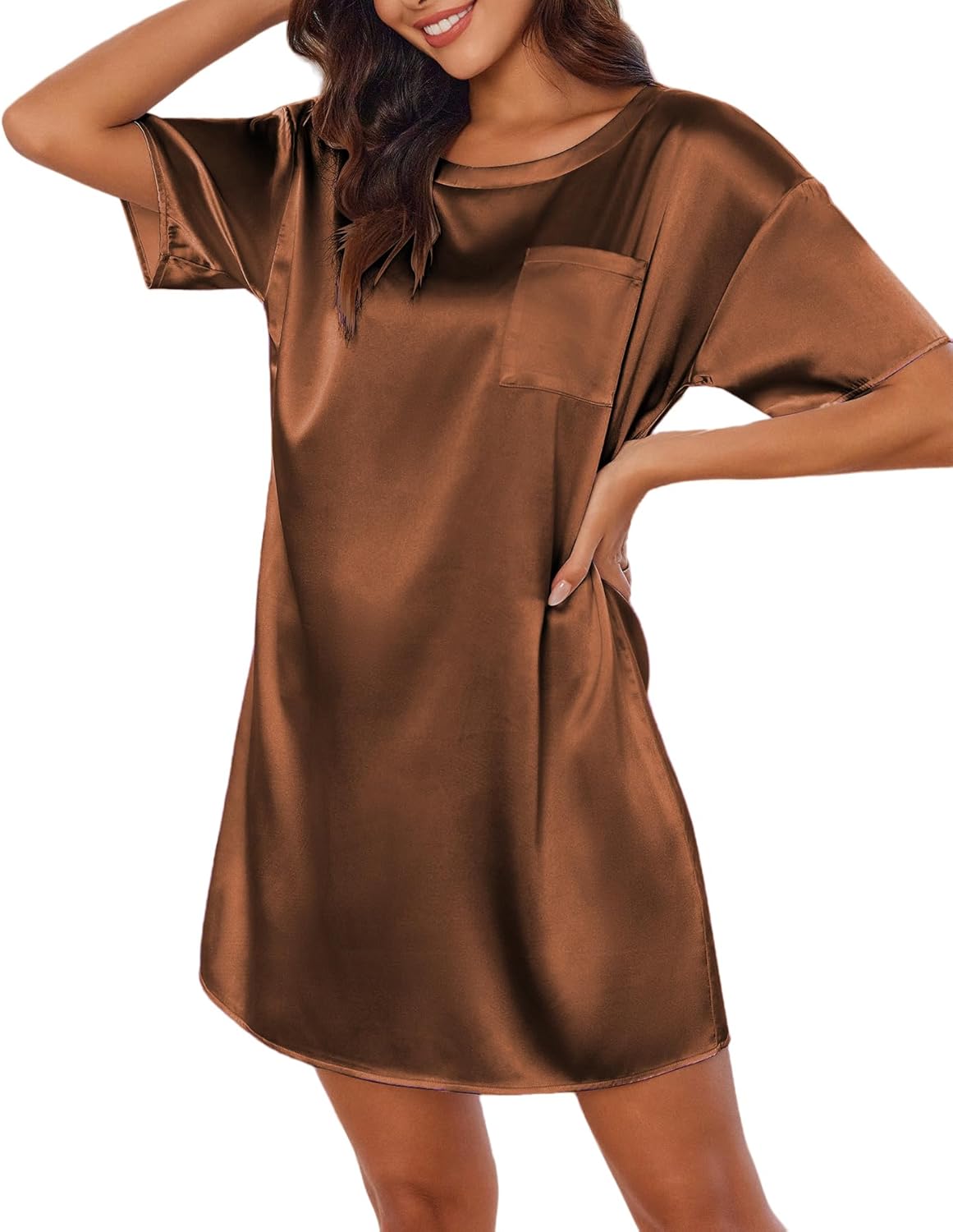 Silk satin nightshirt, short sleeves, crew neck, chest pocket, brown mini dress