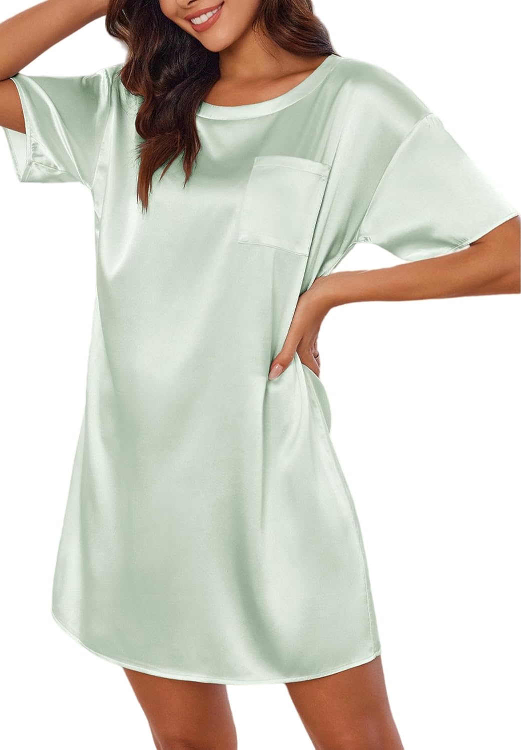Silk satin nightgown, short sleeves, chest pocket, mint green mini dress