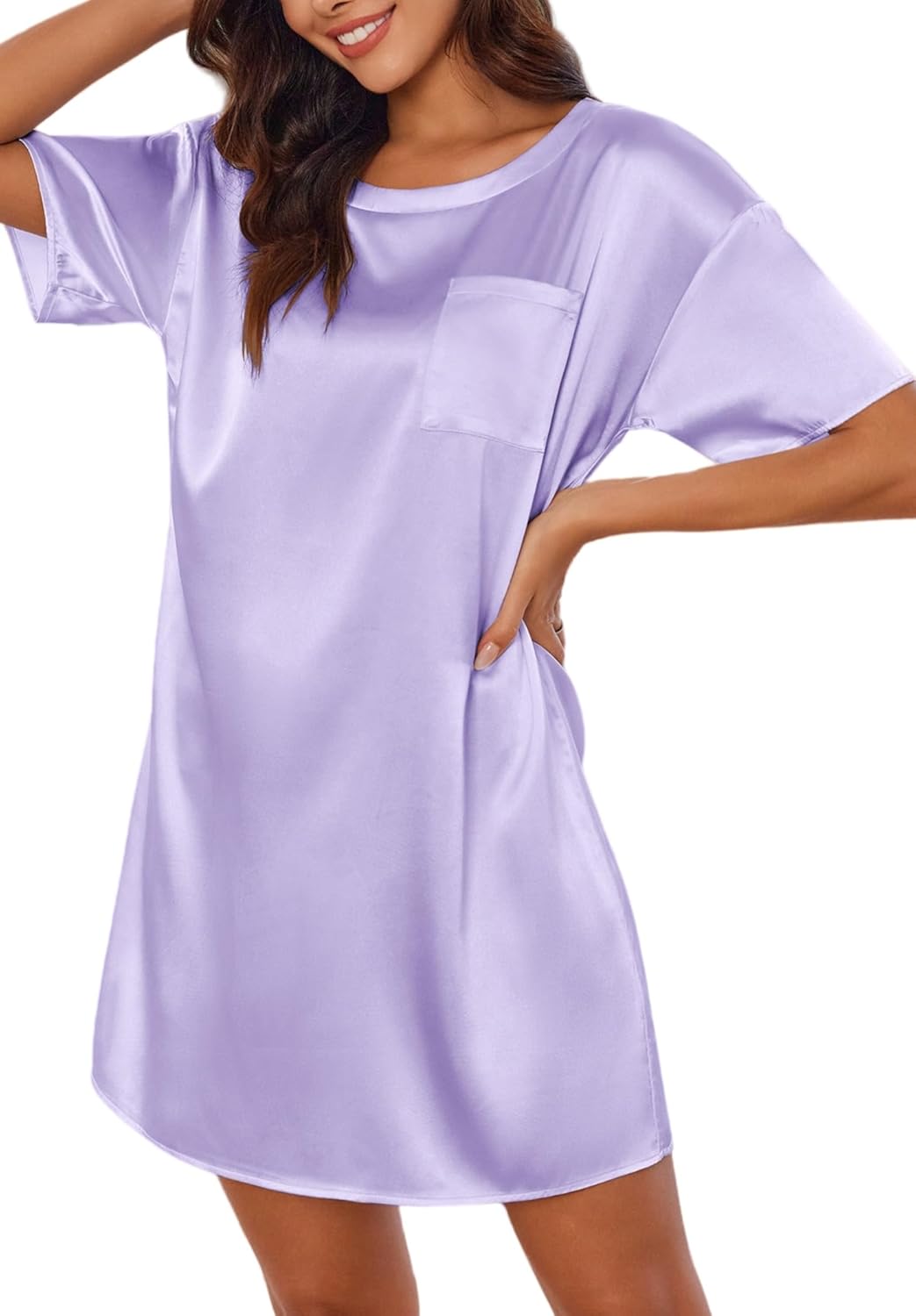 Silk satin nightgown, lavender, crew neck, short sleeves, front pocket