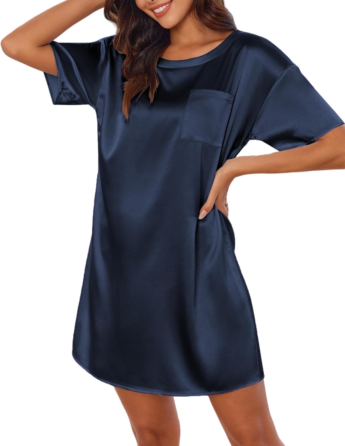 Navy satin sleep shirt with front pocket, short sleeves, round neckline