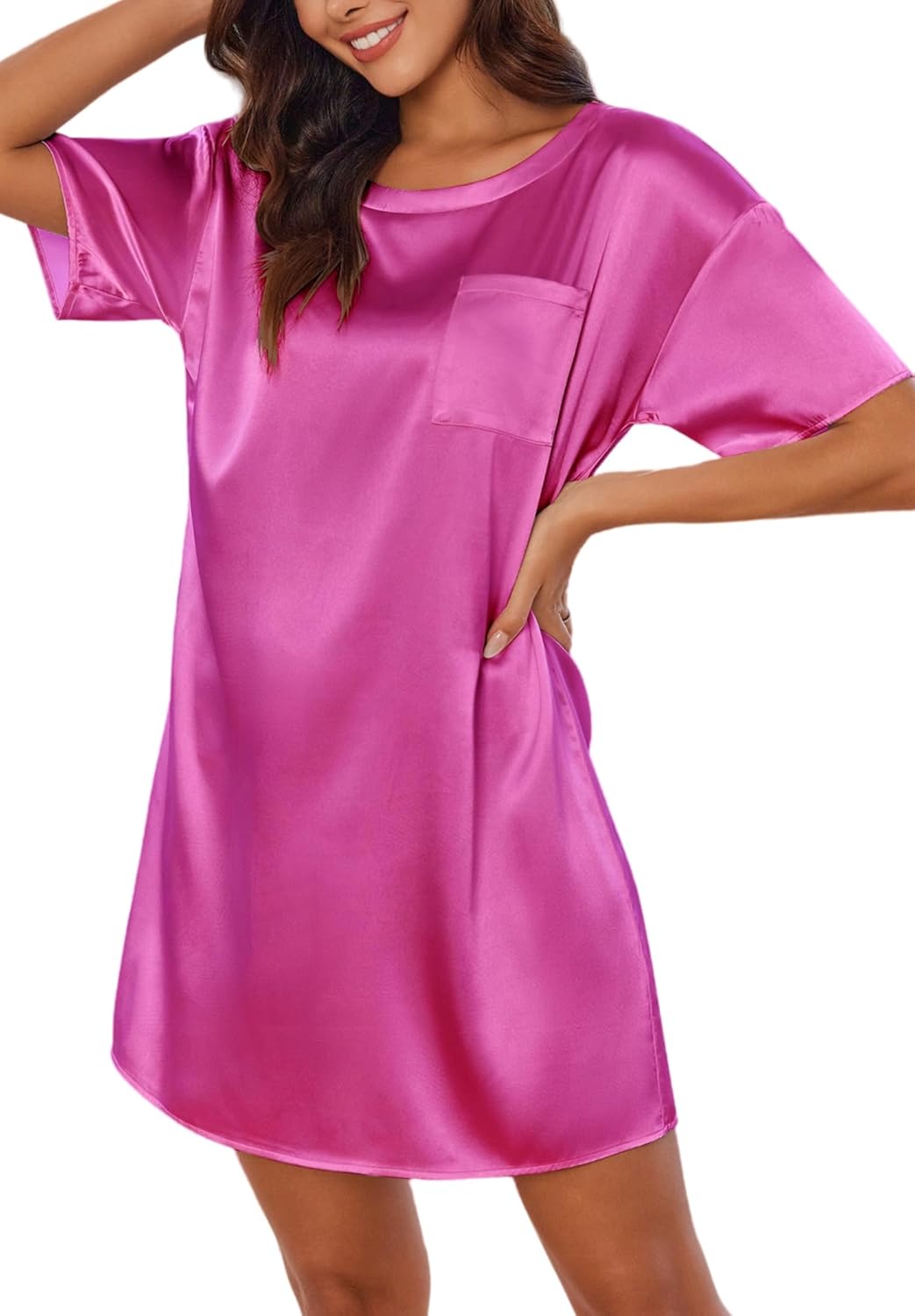 Silk satin nightdress, bright purple, crew neck, short sleeves, chest pocket