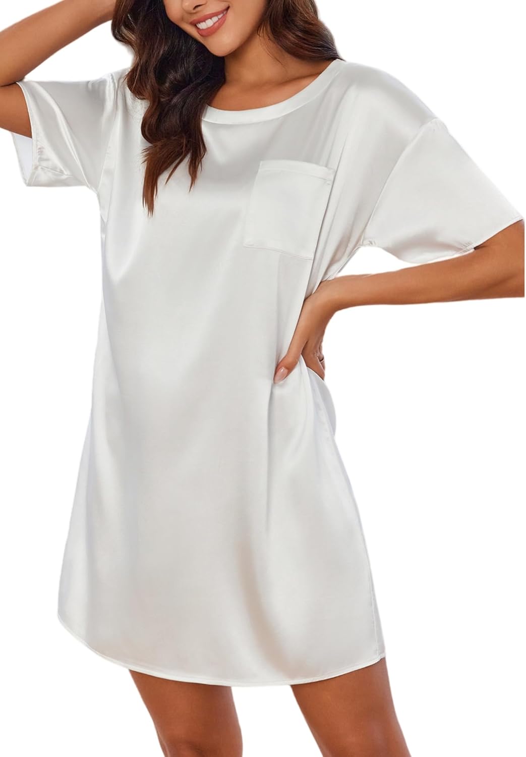 Silk satin nightgown, white, short sleeve with chest pocket, loose shift silhouette