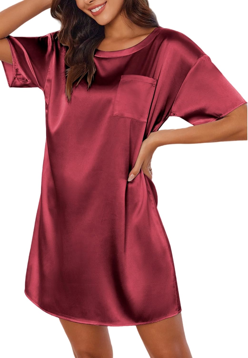 Silk satin sleep shirt, rose red, short sleeve with chest pocket, loose shift fit