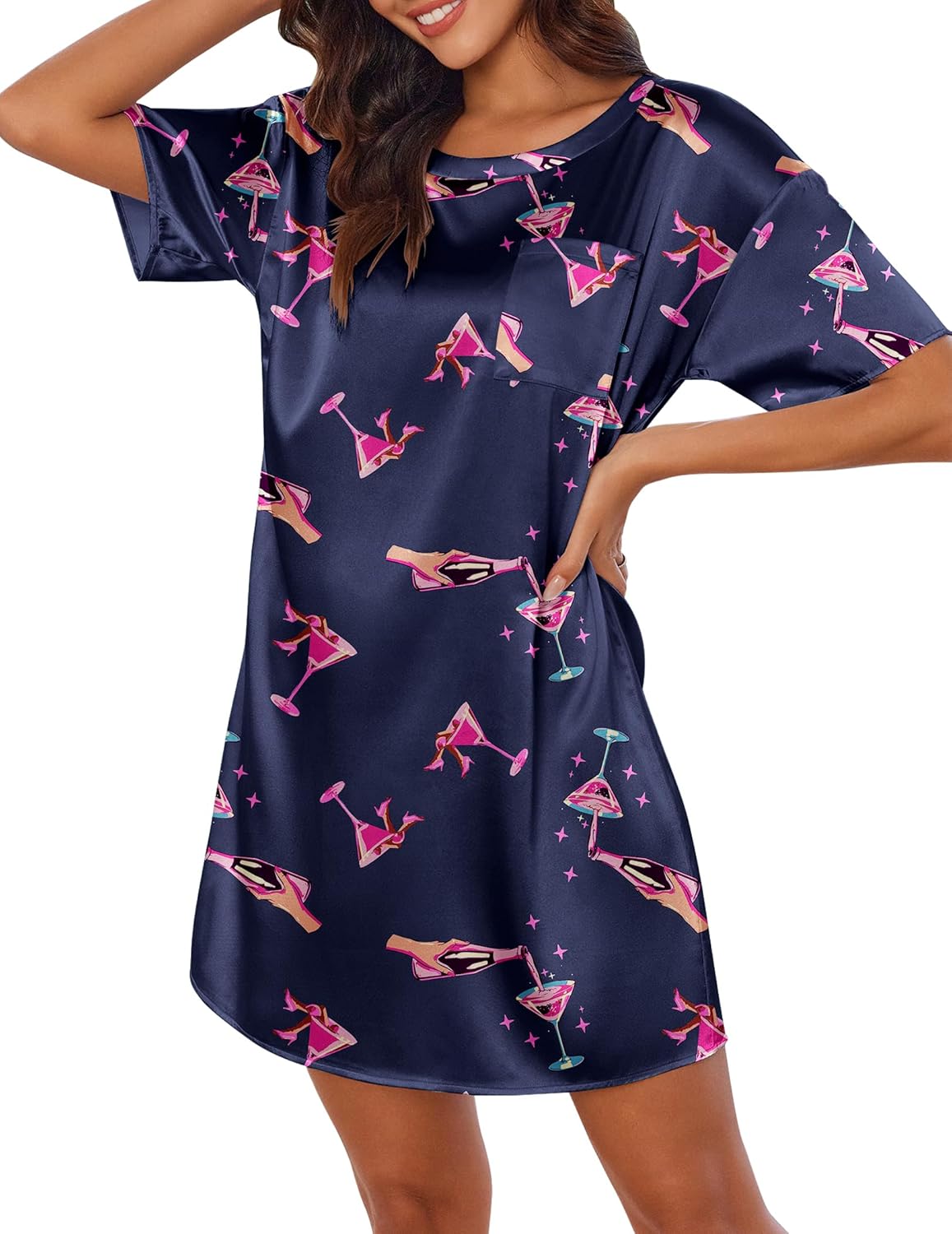 Silk satin nightshirt, navy with pink bird print, short-sleeve loose dress