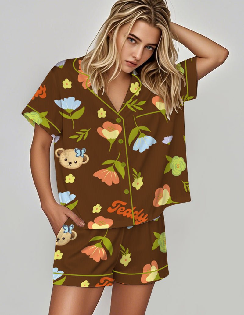 Silky pajama set with brown floral and bear print, short-sleeve top and matching shorts
