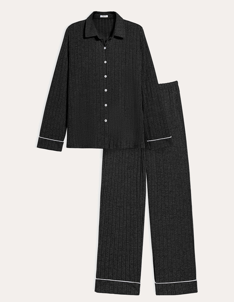 Black ribbed button-up pajama shirt with matching long pants and contrast trim