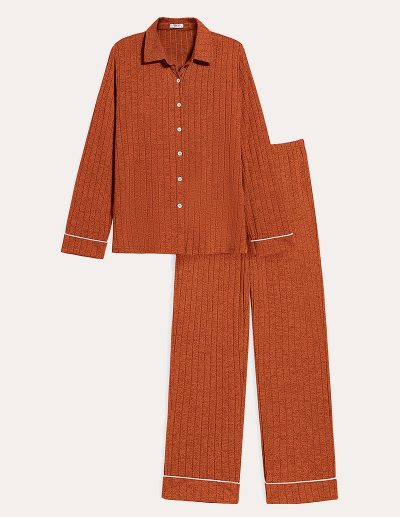 Rust orange ribbed button-up pajama shirt with matching long pants and contrast trim