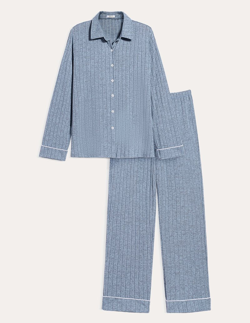 Light blue ribbed button-up pajama shirt with matching long pants and contrast trim