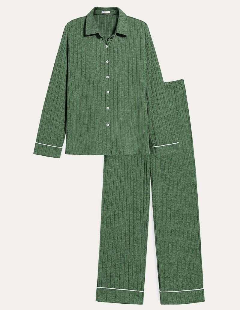 Green ribbed button-up pajama shirt with matching long pants and contrast trim