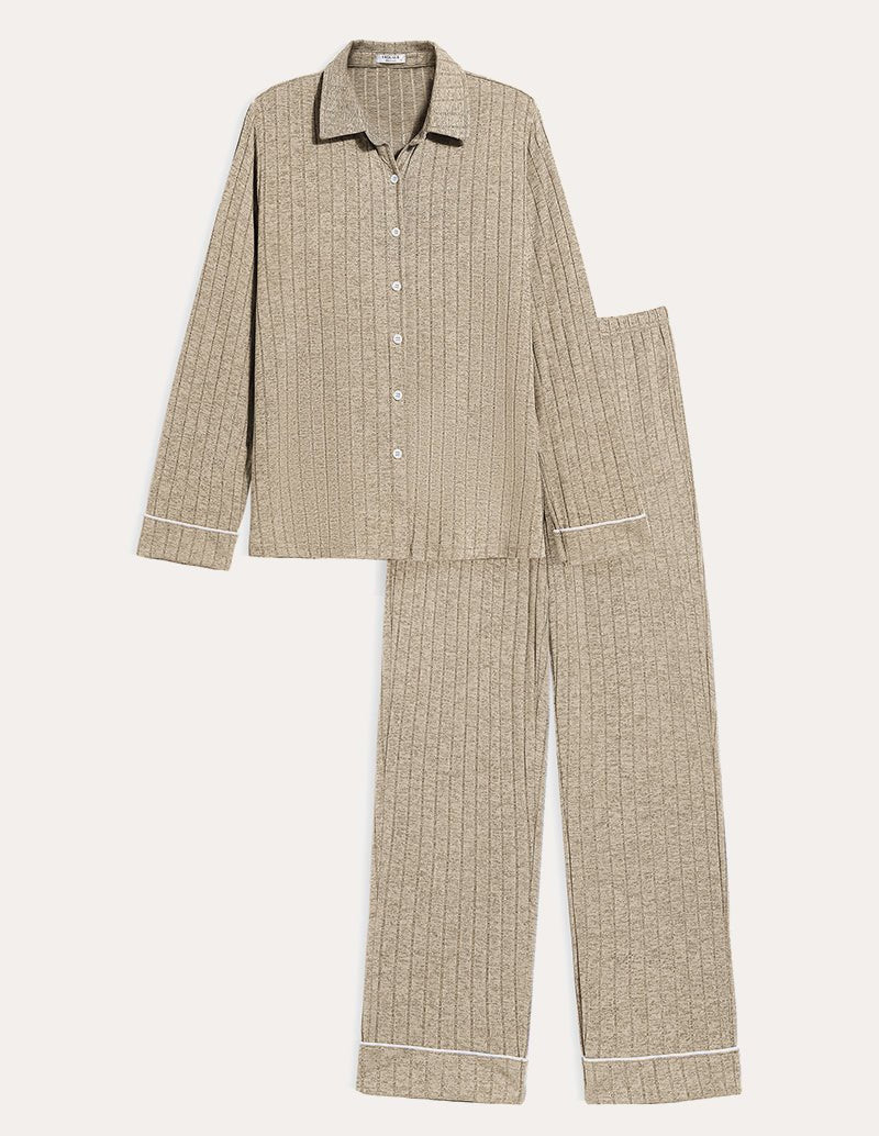 Khaki ribbed pajama set with button-up shirt and wide-leg pants