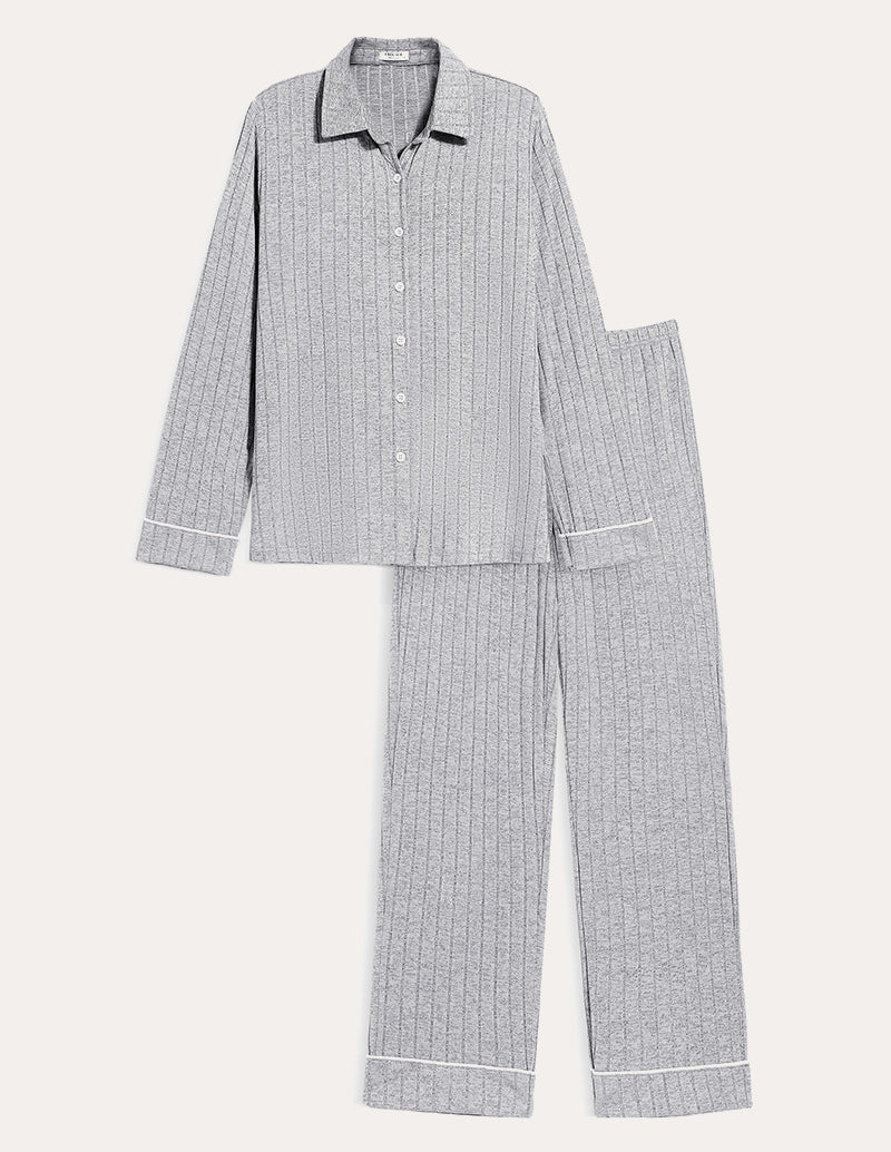 Light grey ribbed pajama set with button-up shirt and wide-leg pants