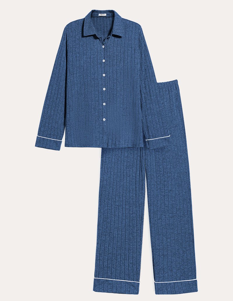 Blue ribbed button-up pajama shirt with matching long pants and contrast trim