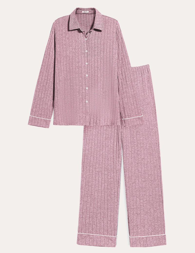 Pink ribbed pajama set with button-up shirt and wide-leg pants