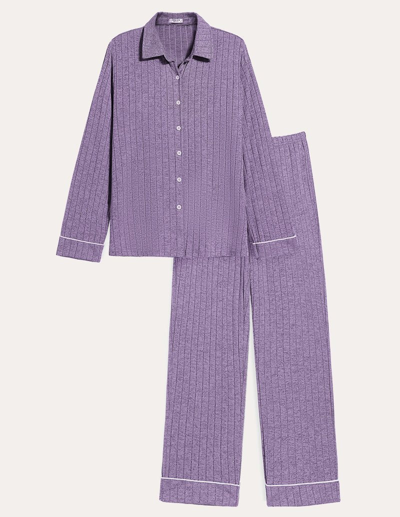 Purple ribbed pajama set with button-up shirt and wide-leg pants