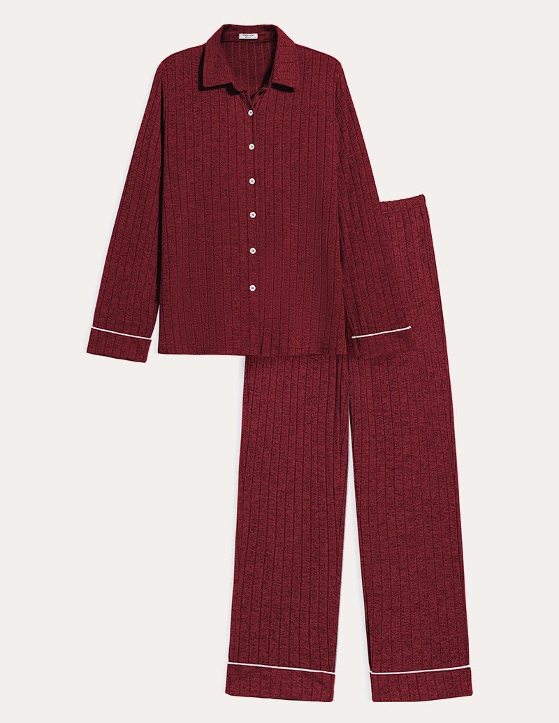 Wine red ribbed pajama set with button-up shirt and wide-leg pants