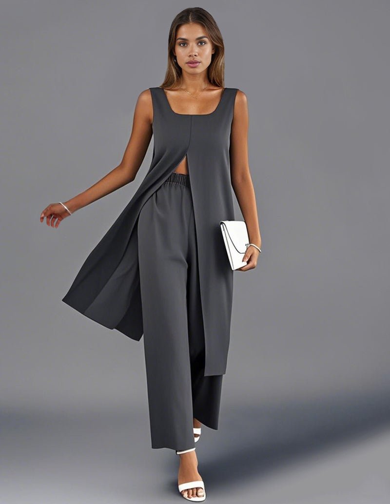 Sleeveless split-top pants set in dark gray, long top with split back and straight pants