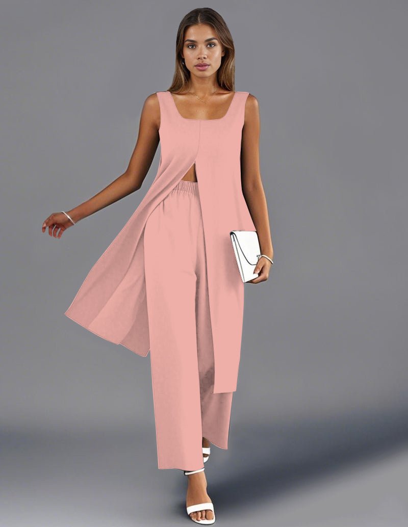 Sleeveless split-top pants set in pink, long top with split back and straight pants